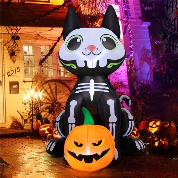 5 FT Halloween Inflatables Skeleton Cat Outdoor Decorations Blow Up Yard - Picture 1 of 7
